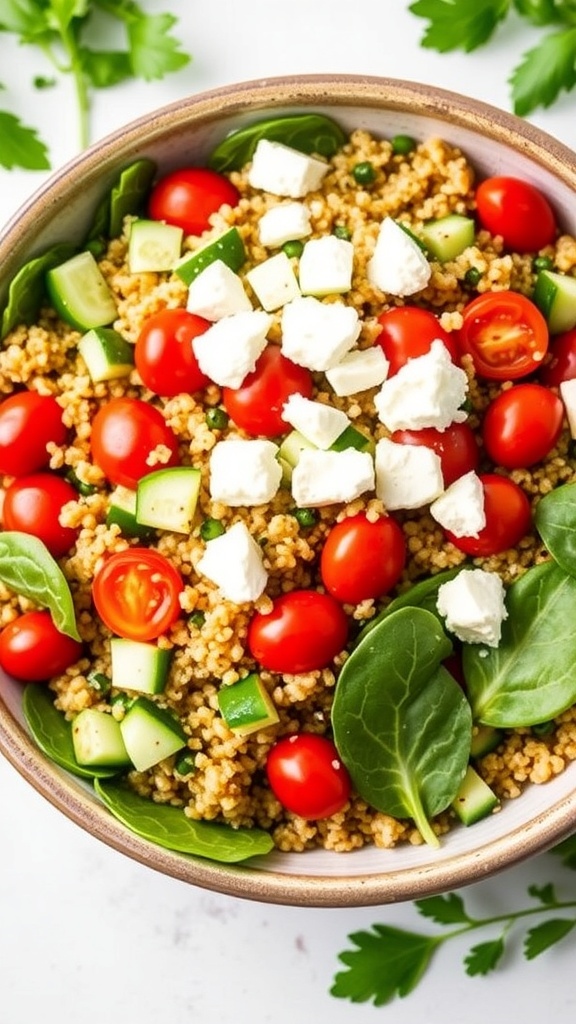Quinoa Salad with Goat Cheese and Vegetables A colorful quinoa salad with cherry tomatoes, cucumbers, spinach, and goat cheese in a rustic bowl.